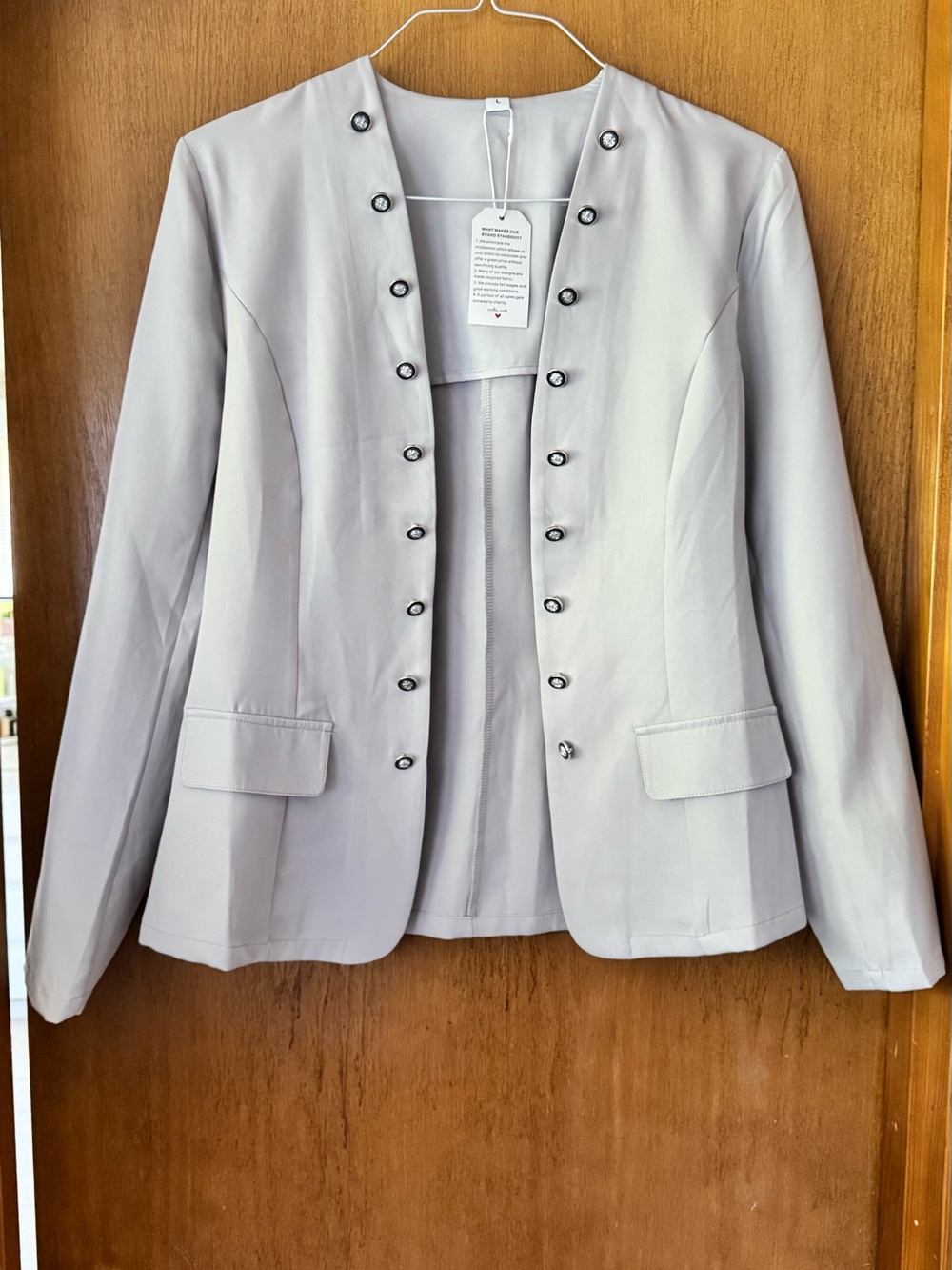 Classic Women's Light Gray Collarless Button Blazer